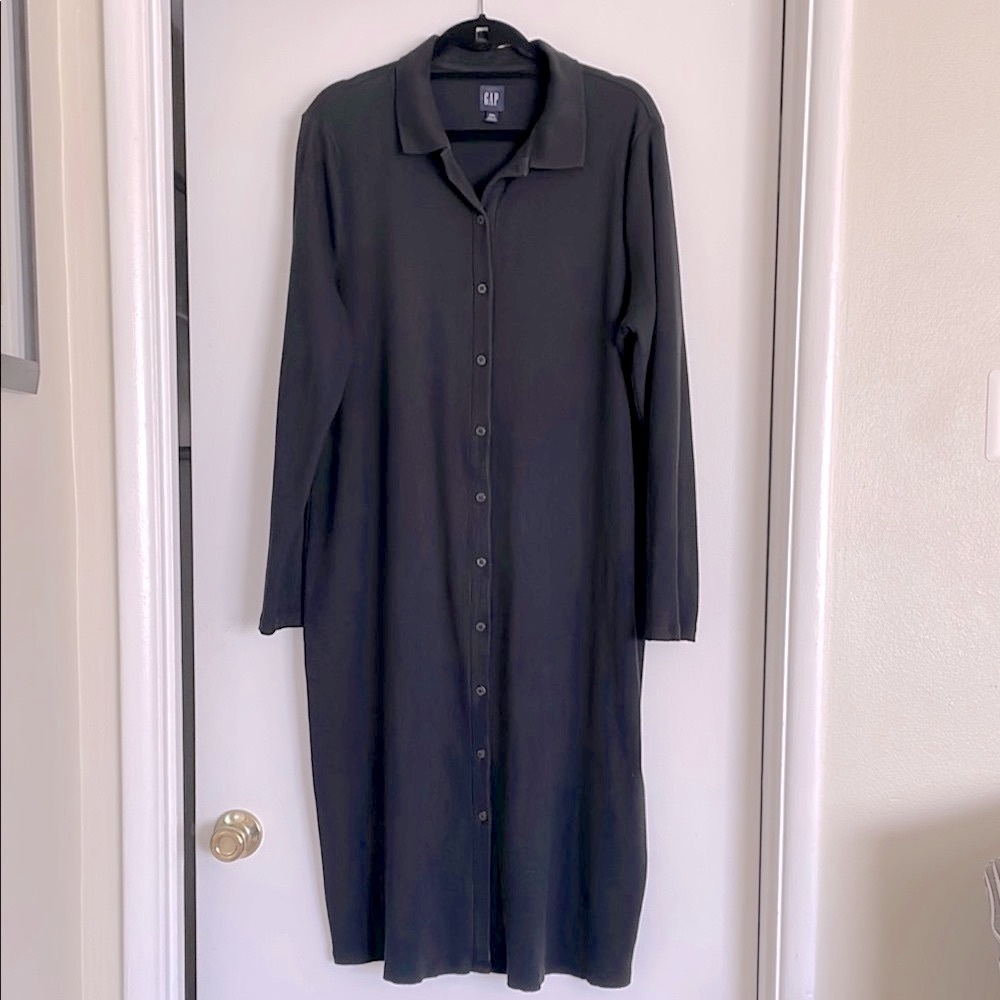 Gap Solid Black Button Down Collared Ribbed Long … - image 3
